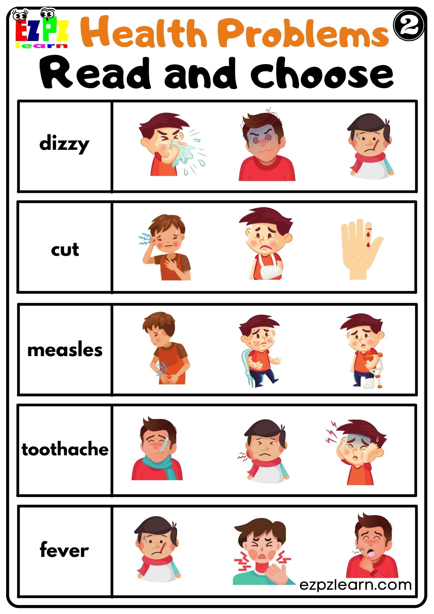Health Read and Choose Worksheet for K5 Kids and ESL Students Free PDF Download Set 2